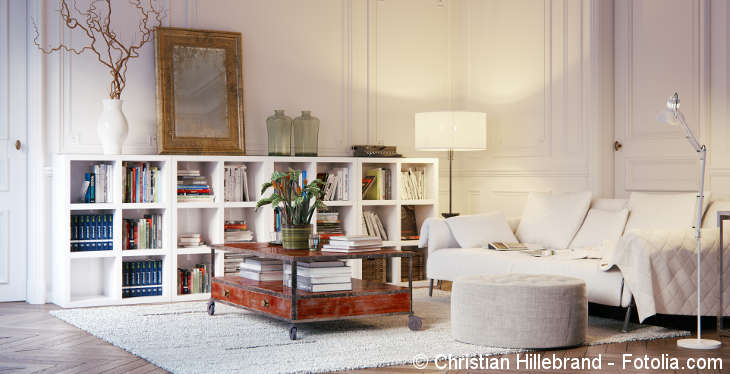 A big living room with a white sofa, a vintage coffee table, a white rug and shelves full of books